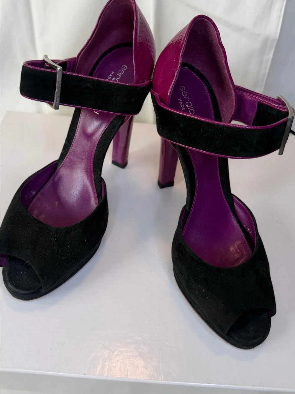 Sergio Rossi Black Suede Peep-Toe Heels with Purple Leather Insole